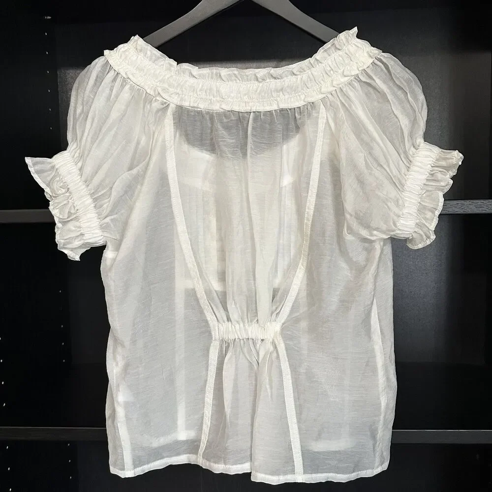 Pilcro Short-Sleeve Button Up Sheer Silky Blouse Scoop Neck Puff Sleeve Top XS